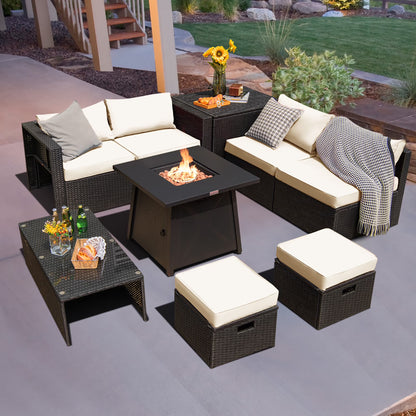 Costway 9PCS Patio Rattan Furniture Set Fire Pit Space-saving W/Cover Red Cushion cover