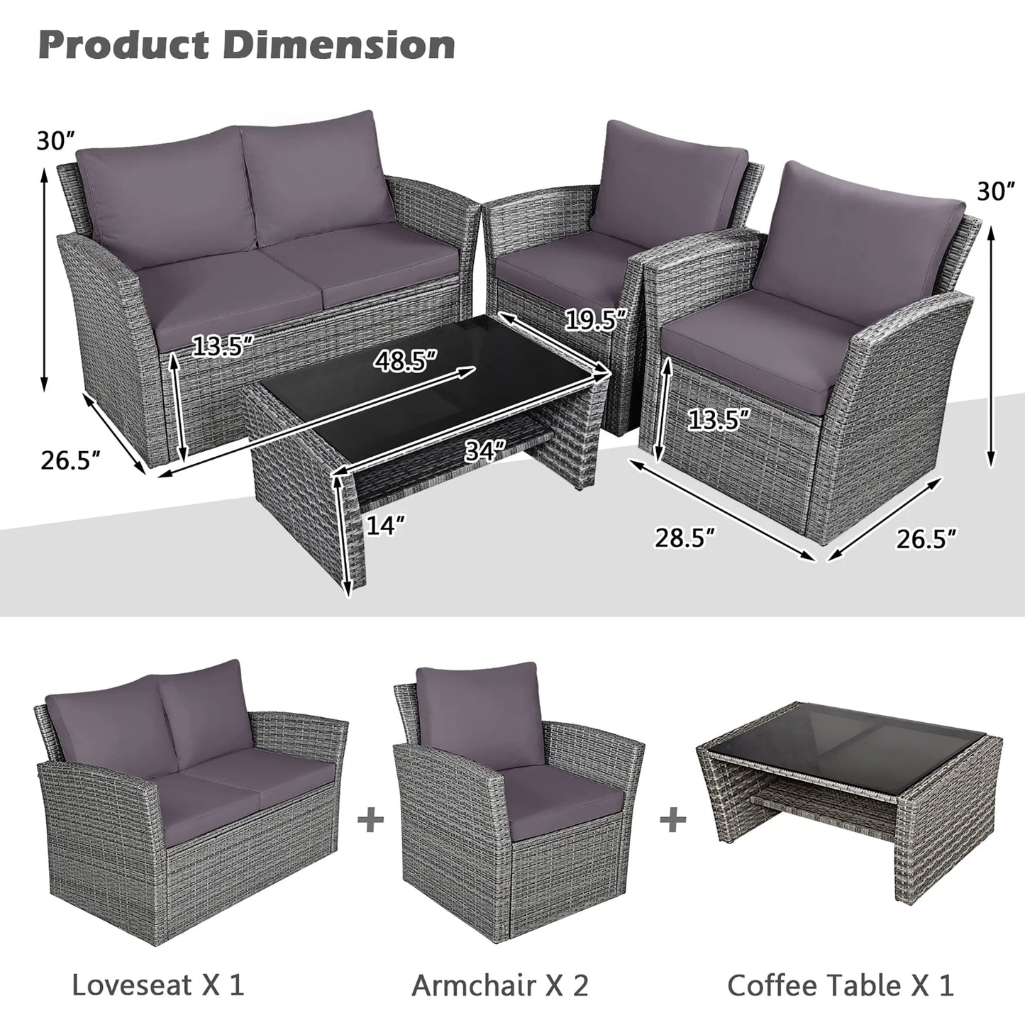 Gymax 4PCS Patio Rattan Conversation Set Outdoor Furniture Set w/Grey Cushions