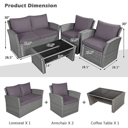 Gymax 4PCS Patio Rattan Conversation Set Outdoor Furniture Set w/Grey Cushions