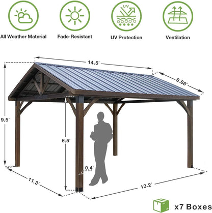 YODOLLA 14.5x12ft Outdoor Wooden Gazebo,Grill Pergola Gazebo Clearance Hard-Top Gazebo for Patios, Garden,Coffee