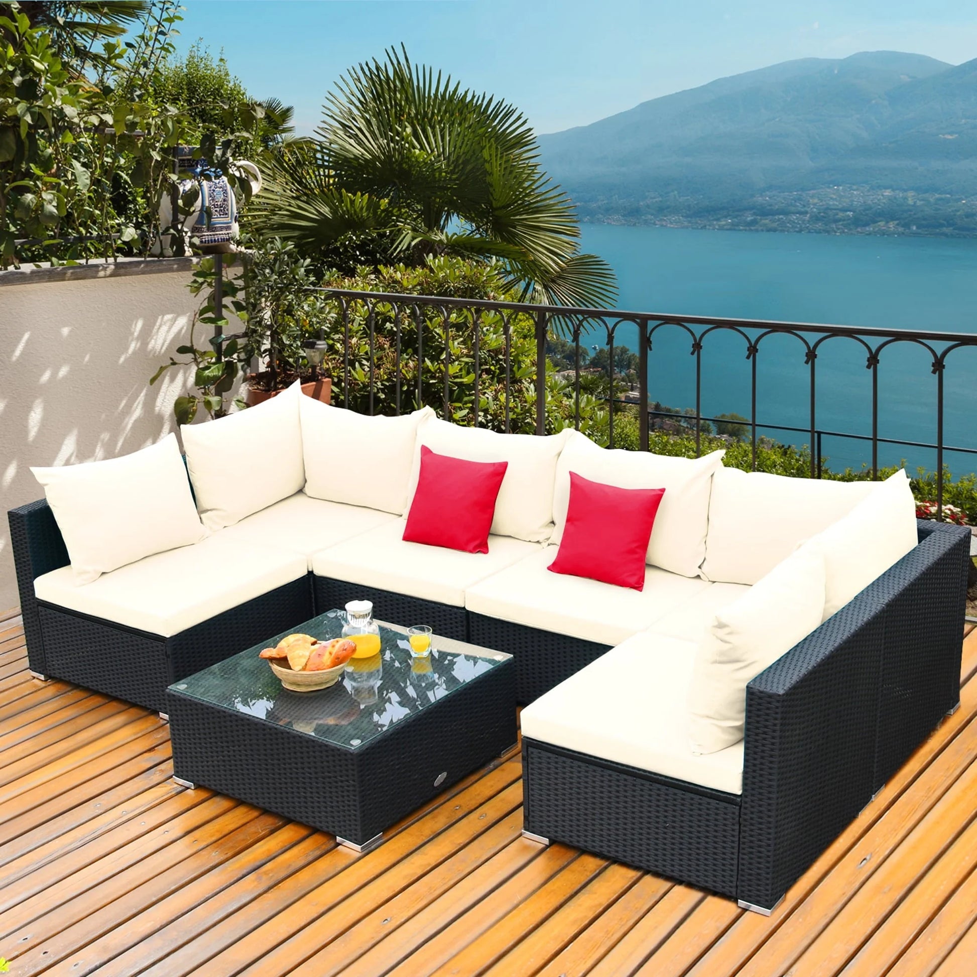 Gymax 7PCS Rattan Patio Conversation Sectional Furniture Set w/Cushion Pillow