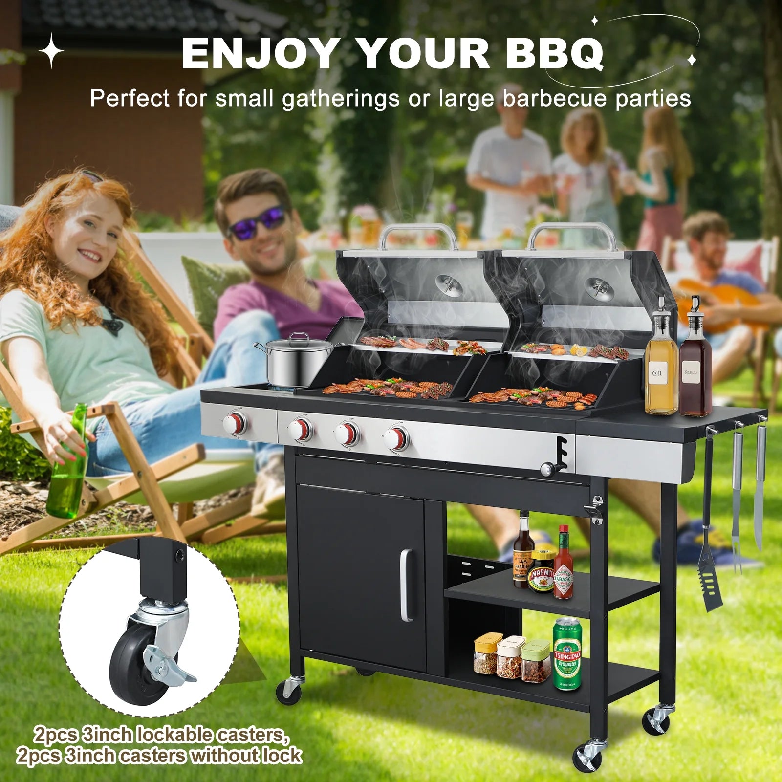 Nice Cooker Gas and Charcoal Combo Grill with Side Burner, 37,230 BTU Outdoor BBQ Grill with Porcelain-Enameled Cast Iron Grates and Plate, Thermometer, Storage Cabinet Rack for Outdoor Patio, Garden