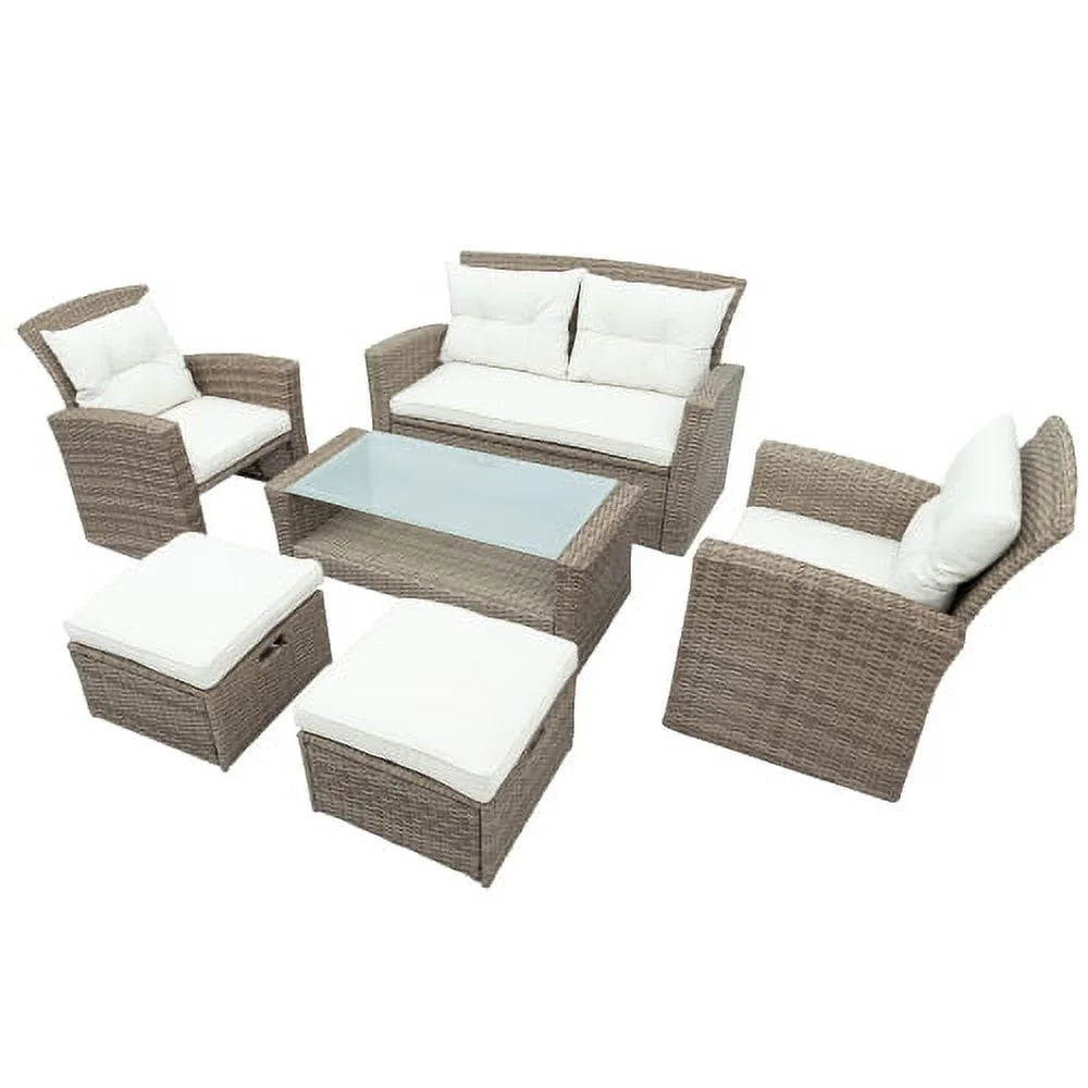 Harper & Bright Designs 4 Pieces Patio Wicker Chair with Ottoman and Coffee Table, Outdoor Rattan Loveseat Sectional Sofa Furniture Set for Garden, Beige Cushions