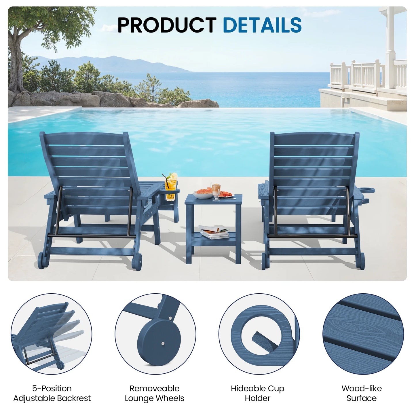 SERWALL Patio Chaise Lounge Chair, 78'' HDPE Outdoor Lounge Chair 5 Positions Pool Lounger Navy Blue