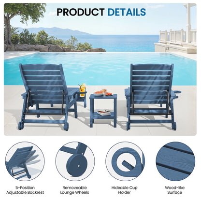SERWALL Patio Chaise Lounge Chair, 78'' HDPE Outdoor Lounge Chair 5 Positions Pool Lounger Navy Blue