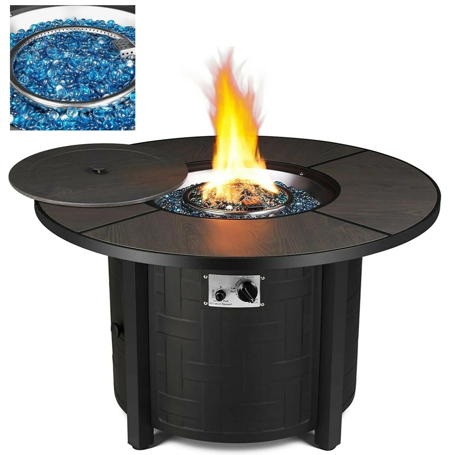 HOMFY 42" Propane Fire Pit Table 50,000 BTU Round Table Stove Patio Fireplace with Blue Glass Rocks and Rain Cover