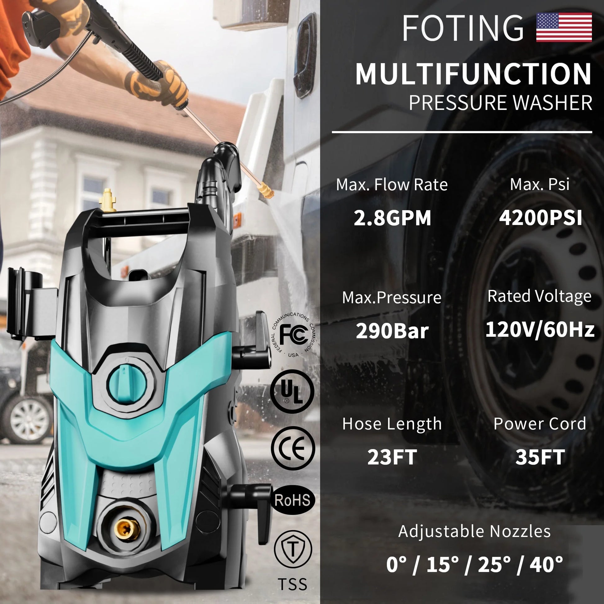 FOTING Upgraded Electric Pressure Washer 4200 PSI 2.8 GPM Power Washer with Extra Hose, 23ft Hose 35ft Power Cord, 4 Nozzle and Detergent Tank for Cars, Fences, Patio