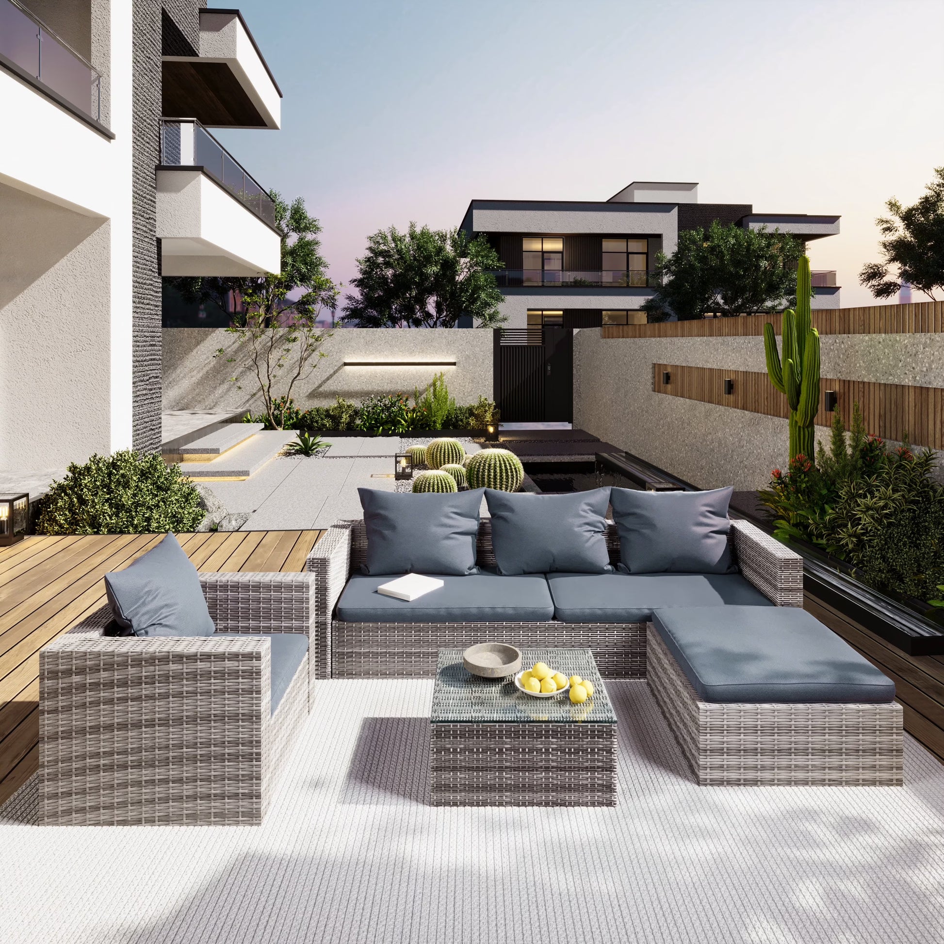 Rattan Patio Sofa Set, 4 Pieces Outdoor Sectional Furniture Set, All-Weather PE Rattan Wicker Patio Conversation Set, Cushioned Sofa Set with Glass Table for Patio Garden Poolside Deck