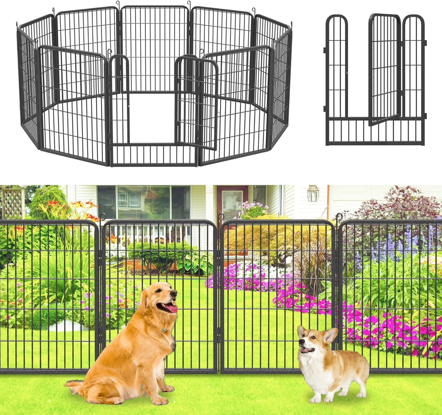 Jhsomdr Garden Fence Outdoor 22ft(L)32in(H) No Dig Fence Panels with Gate, 10 Panels Decorative Garden Fencing Metal Animal Barrier Fence Flower Bed Fencing for Patio Backyard