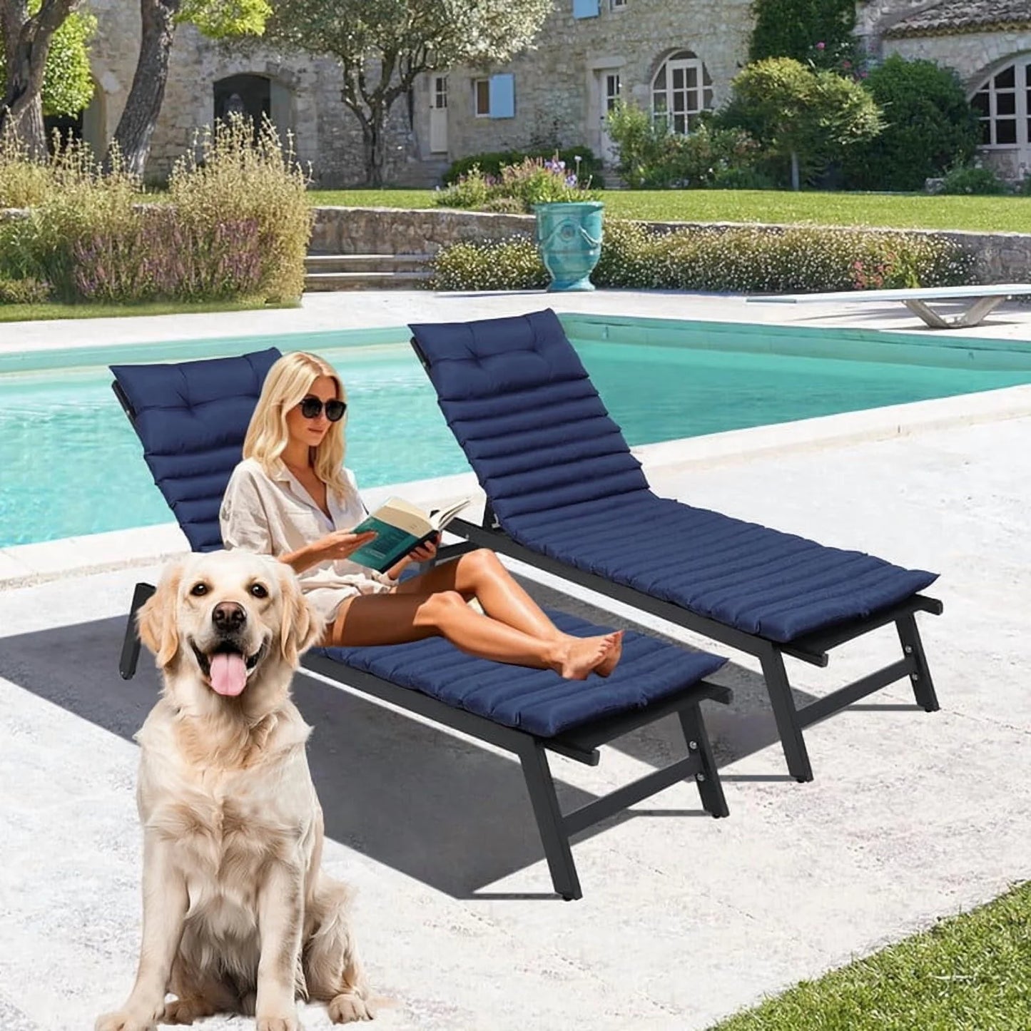 2pcs Outdoor Chaise Lounge Cushions, Waterproof Patio Foldable Chair Cushion for Garden Pool, 73 x 24in Sun Lounger Cushions for Outdoor FurnitureNavy blue