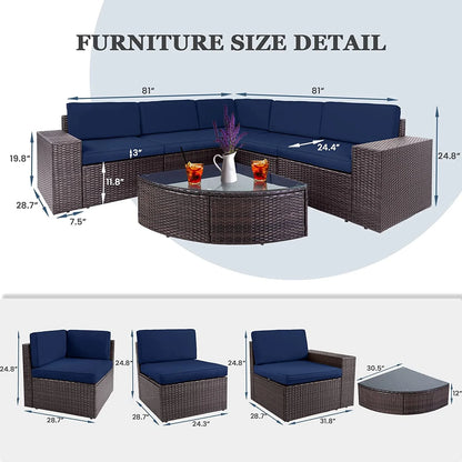 SOLAURA 6-Piece Patio Furniture Outdoor Conversation Set Patio All-Weather Wicker Sectional Sofa with Glass Coffee Table and Brown Cushions