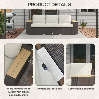 Outsunny Thick Cushioned 3-Seater Outdoor Sofa, Wood Grain Wide Armrests, Patio Couch, Beige