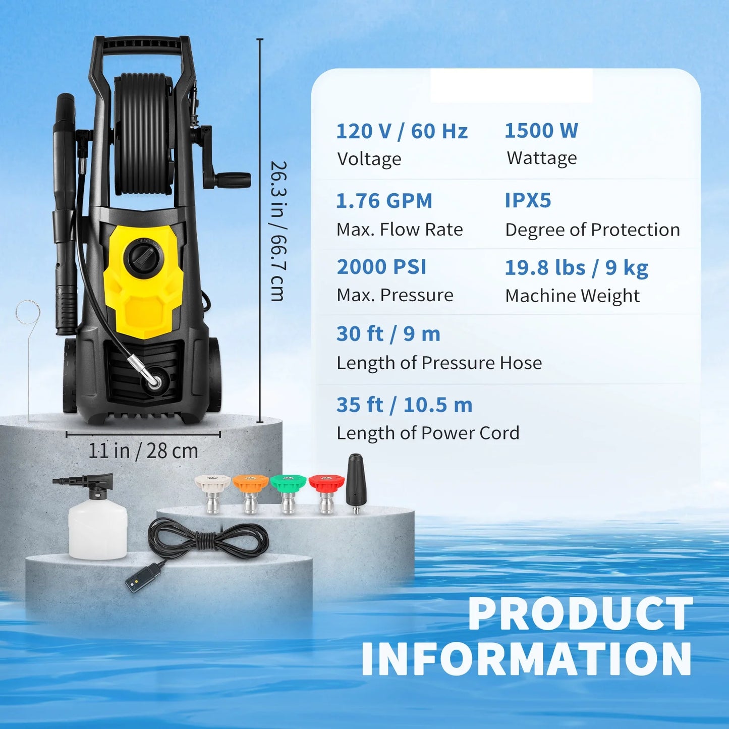 BENTISM Electric Pressure Washer, 2000 PSI 1.76 GPM 30 ft Hose & Reel, 5 Quick Connect Nozzles, Foam Cannon, Portable to Clean Patios, Cars, Fences, Driveways, ETL Listed