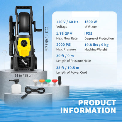 BENTISM Electric Pressure Washer, 2000 PSI 1.76 GPM 30 ft Hose & Reel, 5 Quick Connect Nozzles, Foam Cannon, Portable to Clean Patios, Cars, Fences, Driveways, ETL Listed