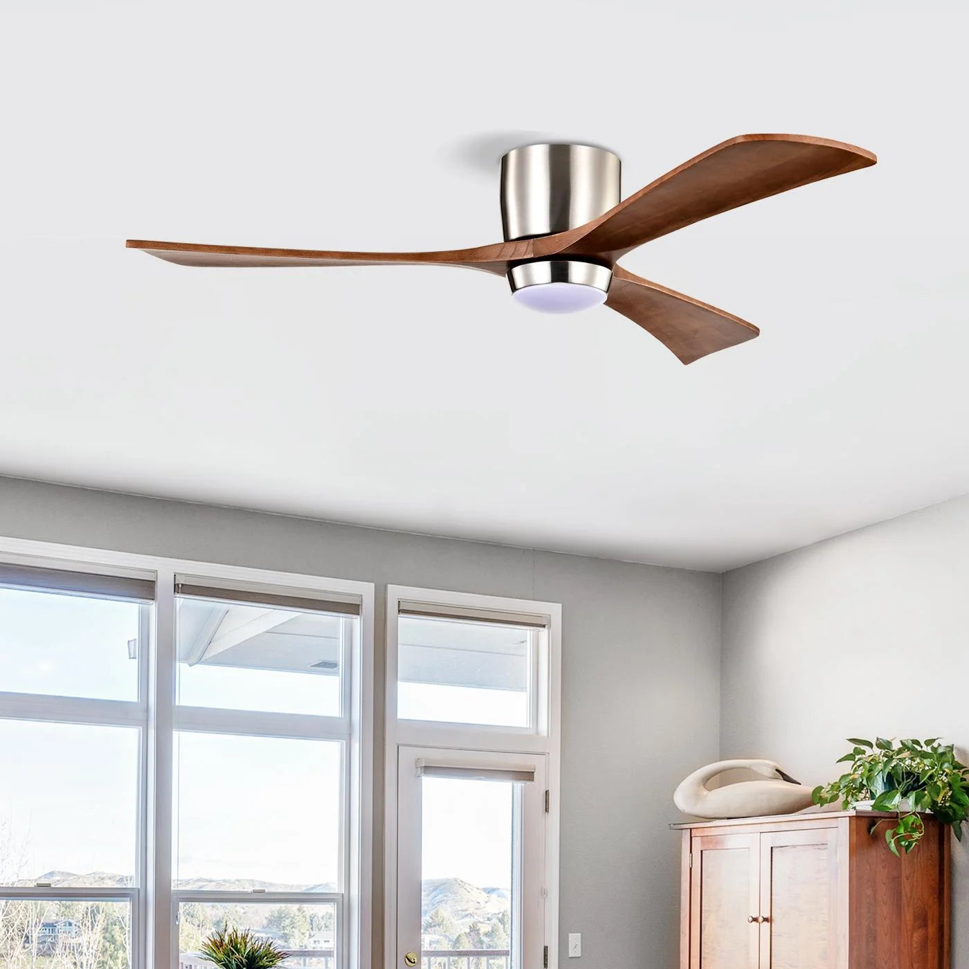 IVV 52 Inch Classic Flush Mount LED Ceiling Fan with Light, Remote Control, Reversible Motor, 6 Speed, 3 Wooden Blades for Bedroom Living Room Patio - Walnut