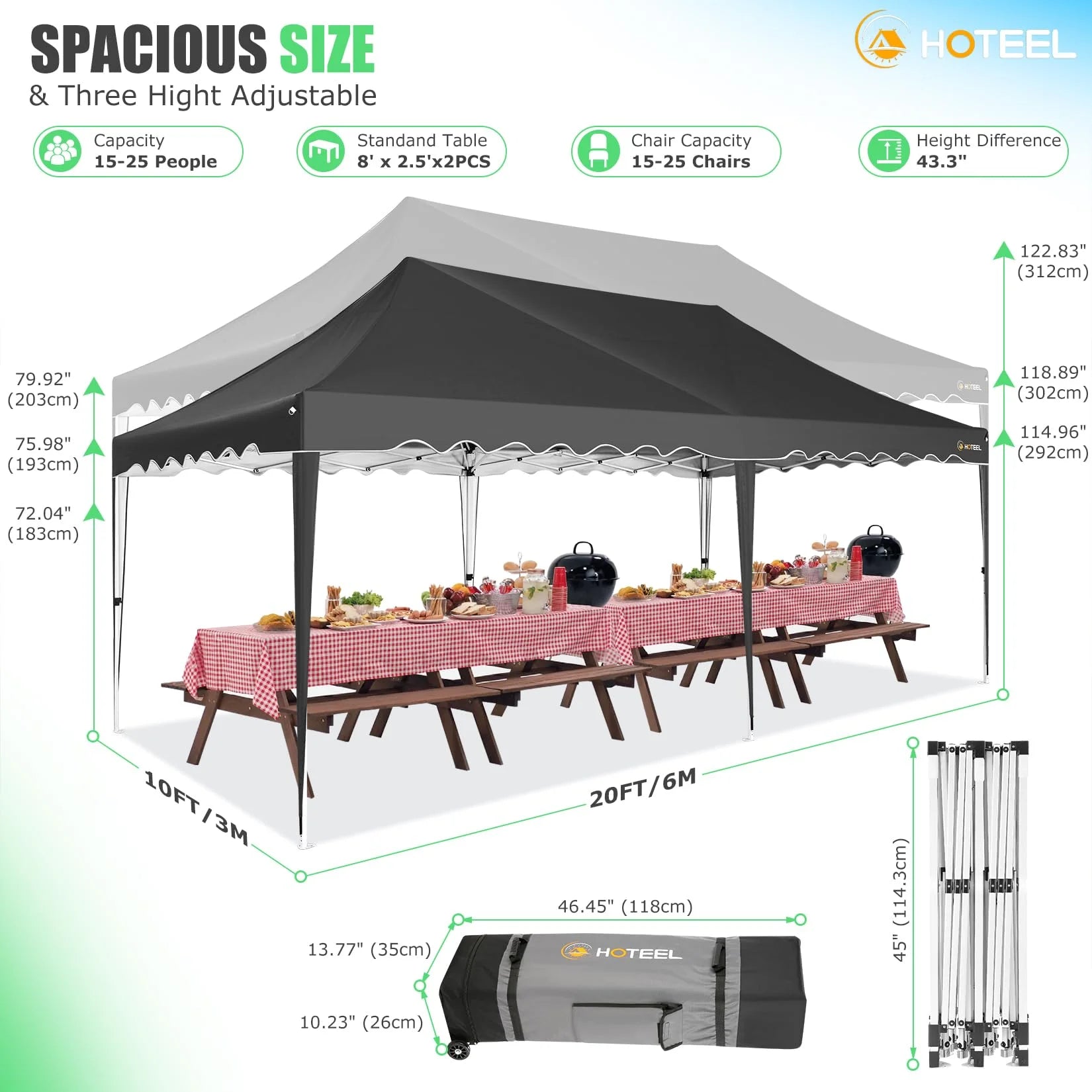 HOTEEL 10x20 Pop up Canopy Tents with Removeble Sidewalls,Outdoor Gazebo with Wheeled Bag & 4 Sandbags,for Patio,Wedding,Backyard,Camping,Parties,Event,Black