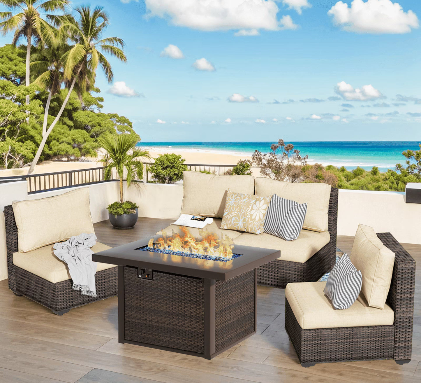 Gaildon 5 Piece Patio Furniture Set with Fire Pit Table, All Weather Outdoor Sectional PE Rattan, Patio Conversation Sets with Cushions for Garden Lawn Balcony Porch Deck, Grey