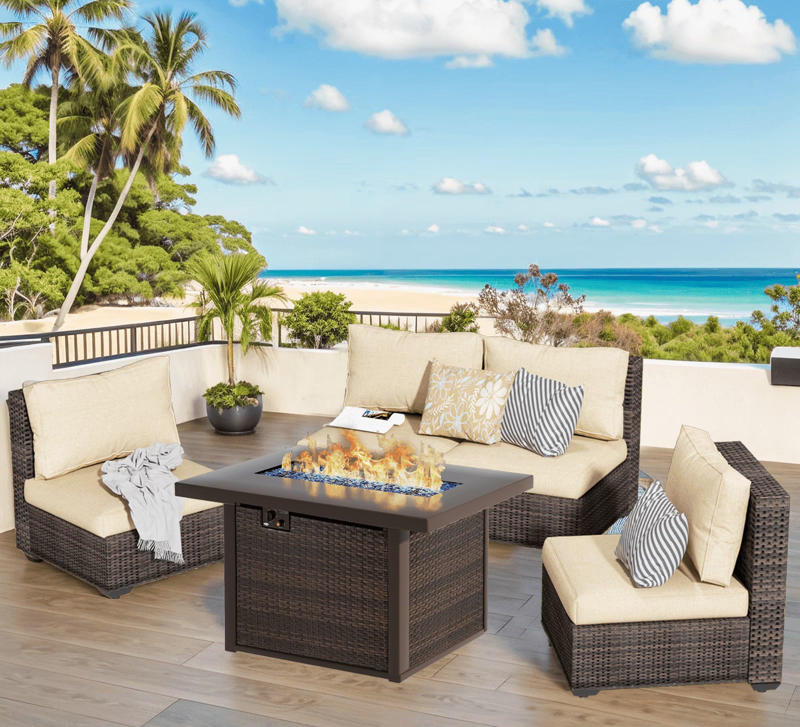 Gaildon 5 Piece Patio Furniture Set with Fire Pit Table, All Weather Outdoor Sectional PE Rattan, Patio Conversation Sets with Cushions for Garden Lawn Balcony Porch Deck, Grey