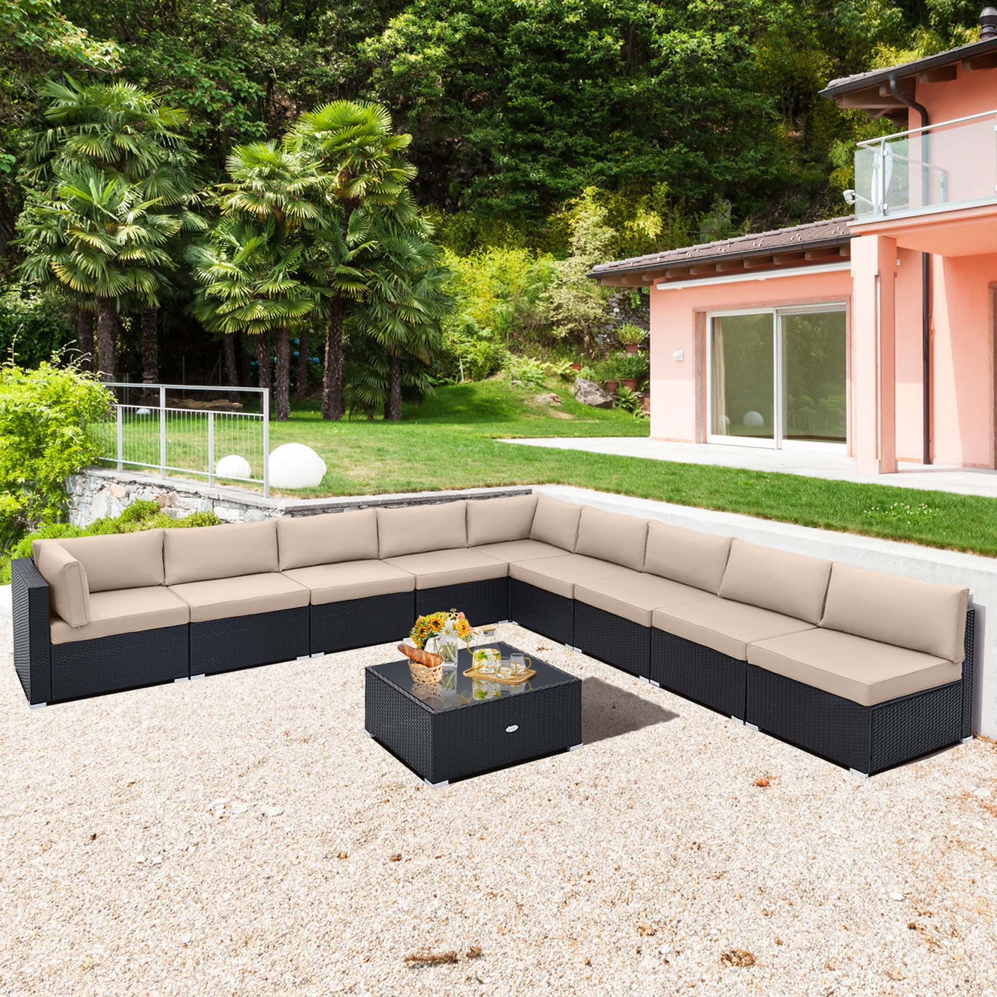 Costway 10 PCS Patio Rattan Furniture Set Outdoor Wicker Sofa Table Cushioned Seat Beige