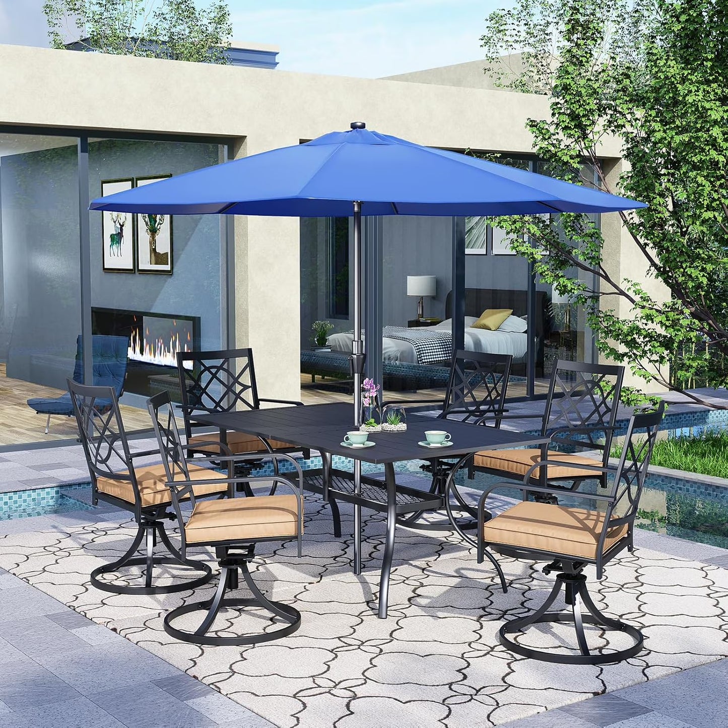 SUNCROWN 7-Piece Outdoor Wrought Iron Chairs and Table Patio Dining Furniture Set - 6 Stackable Metal Chairs, 1 Steel Slat Bistro Table and 1 Brown 9Ft Patio Umbrella for Garden Backyard Deck