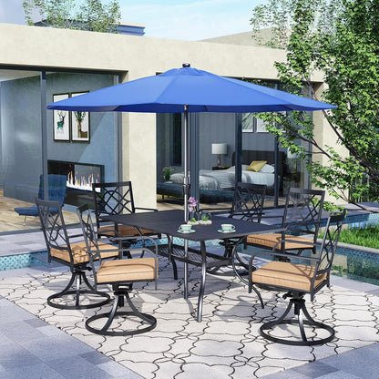 SUNCROWN 7-Piece Outdoor Wrought Iron Chairs and Table Patio Dining Furniture Set - 6 Stackable Metal Chairs, 1 Steel Slat Bistro Table and 1 Brown 9Ft Patio Umbrella for Garden Backyard Deck