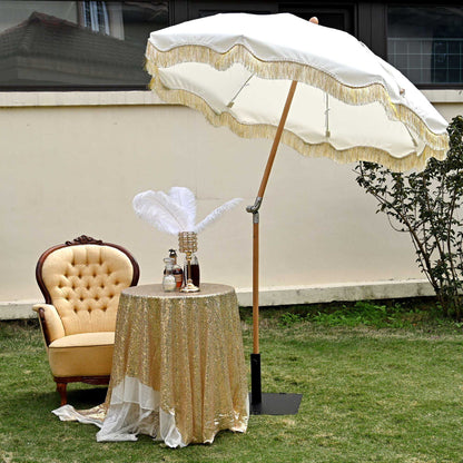 LAGarden 6 Ft Fringe Patio Umbrella with Tassel Jazz Age Wood UPF50+ for Outdoor, Beige with gold tassel,Model: JZ6-01