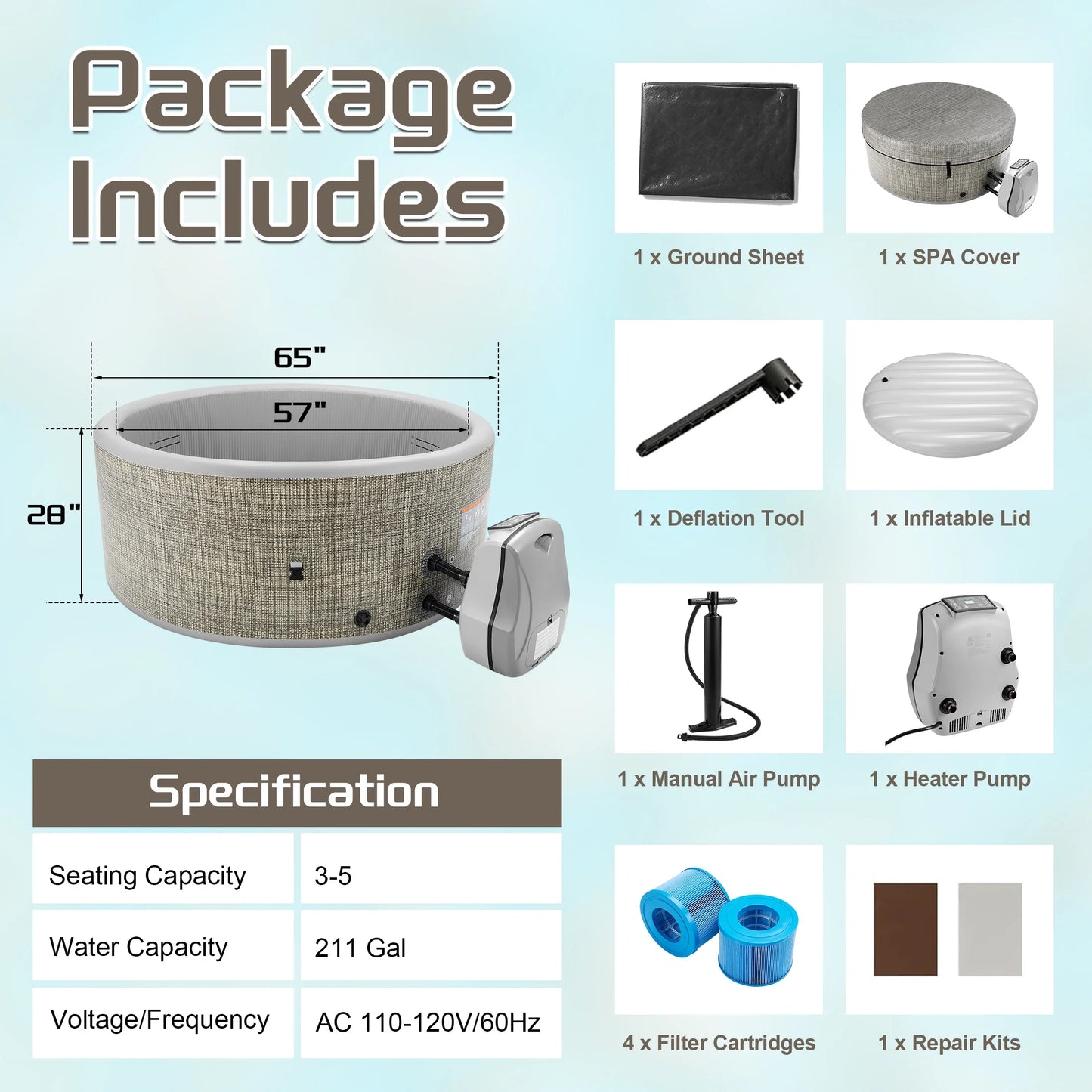 Segmart Inflatable Hot Tub, 3 to 5 Person Outdoor Hot Tub Spa, Portable Round Hot Tub w/100 Jets, Heater Pump, Tub Cover, Ground Cloth, 211Gal Capacity, Fits for Backyard, Patio