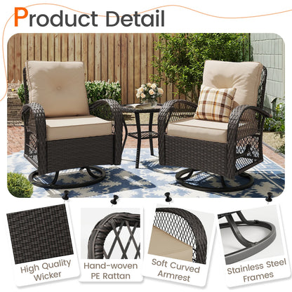 MRUAKA 3 Pieces Patio Furniture Set, Outdoor Swivel Gliders Rocker, Wicker Patio Bistro Set with Rattan Rocking Chair, Glass Top Side Table and Thickened Cushions (Khaki)