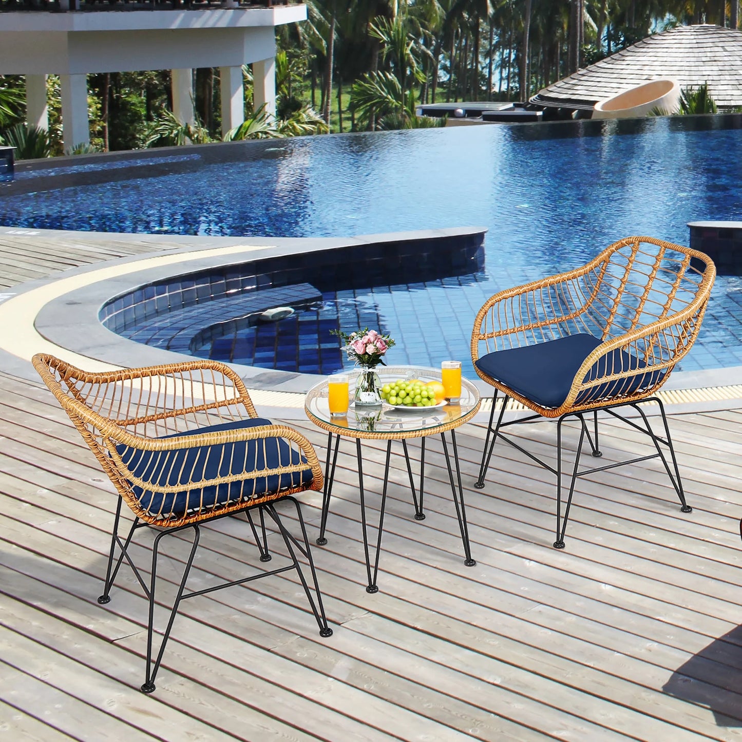 Costway 3PCS Patio Rattan Bistro Furniture Set Cushioned Chair Table Navy