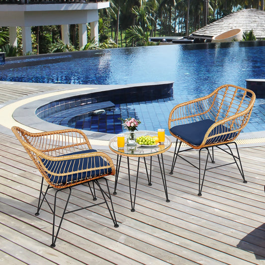 Costway 3PCS Patio Rattan Bistro Furniture Set Cushioned Chair Table Navy