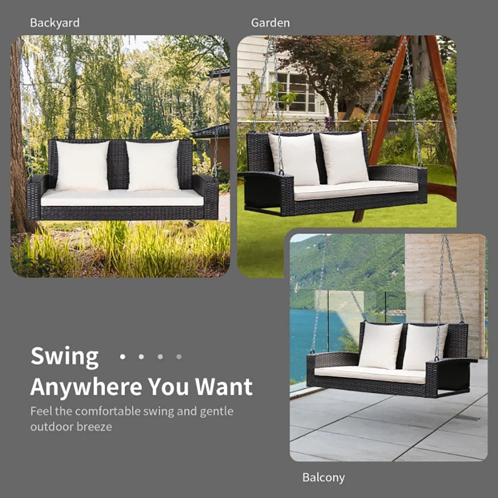 Topcobe 2-Person Patio Rattan Porch Swing with Cushions, Outdoor Patio Furniture, White