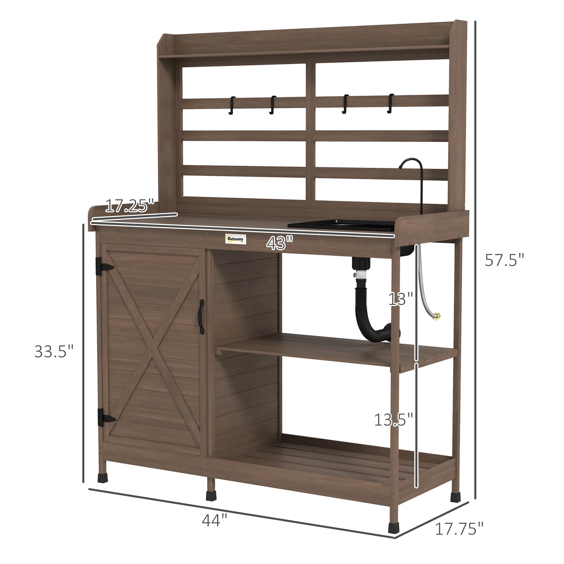 Outsunny Wooden Potting Bench, Outdoor Potting Table with Storage Cabinet, Storage Shelves, Sink, Water Tap for Backyard, Patio, Balcony, Dark Brown