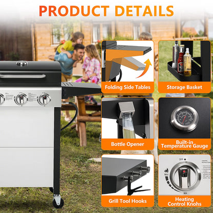 Segmart 3 Burner BBQ Propane Gas Grill, Stainless Steel 30,000 BTU Patio Garden Barbecue Grill with Folding Side Tables, Hanging Basket & Thermometer, Perfect for Camping, Outdoor Cooking