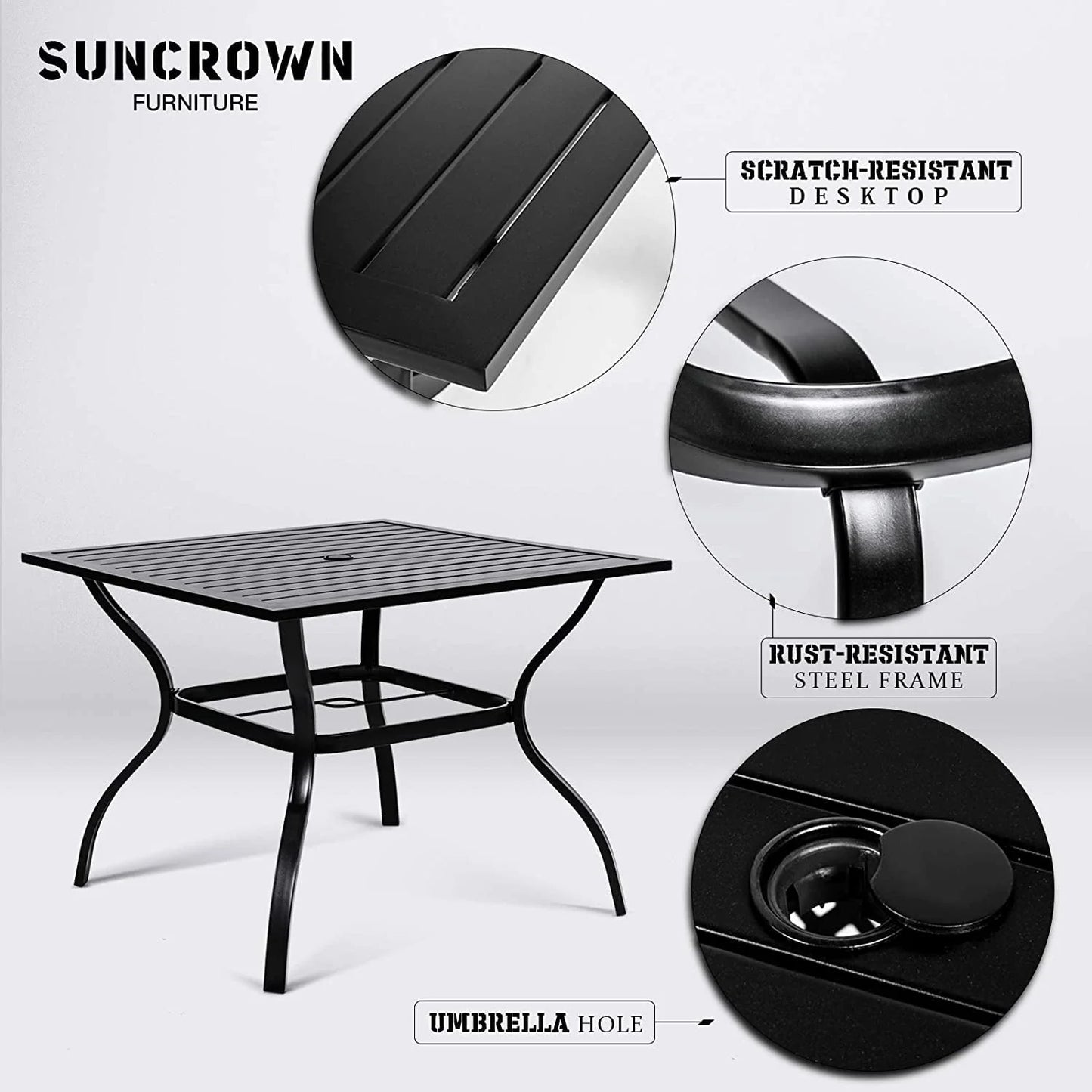 SUNCROWN 37" 4 Seat Outdoor Dining Table Patio Metal Square Bistro Balcony Table with 1.57" Umbrella Hole, Black
