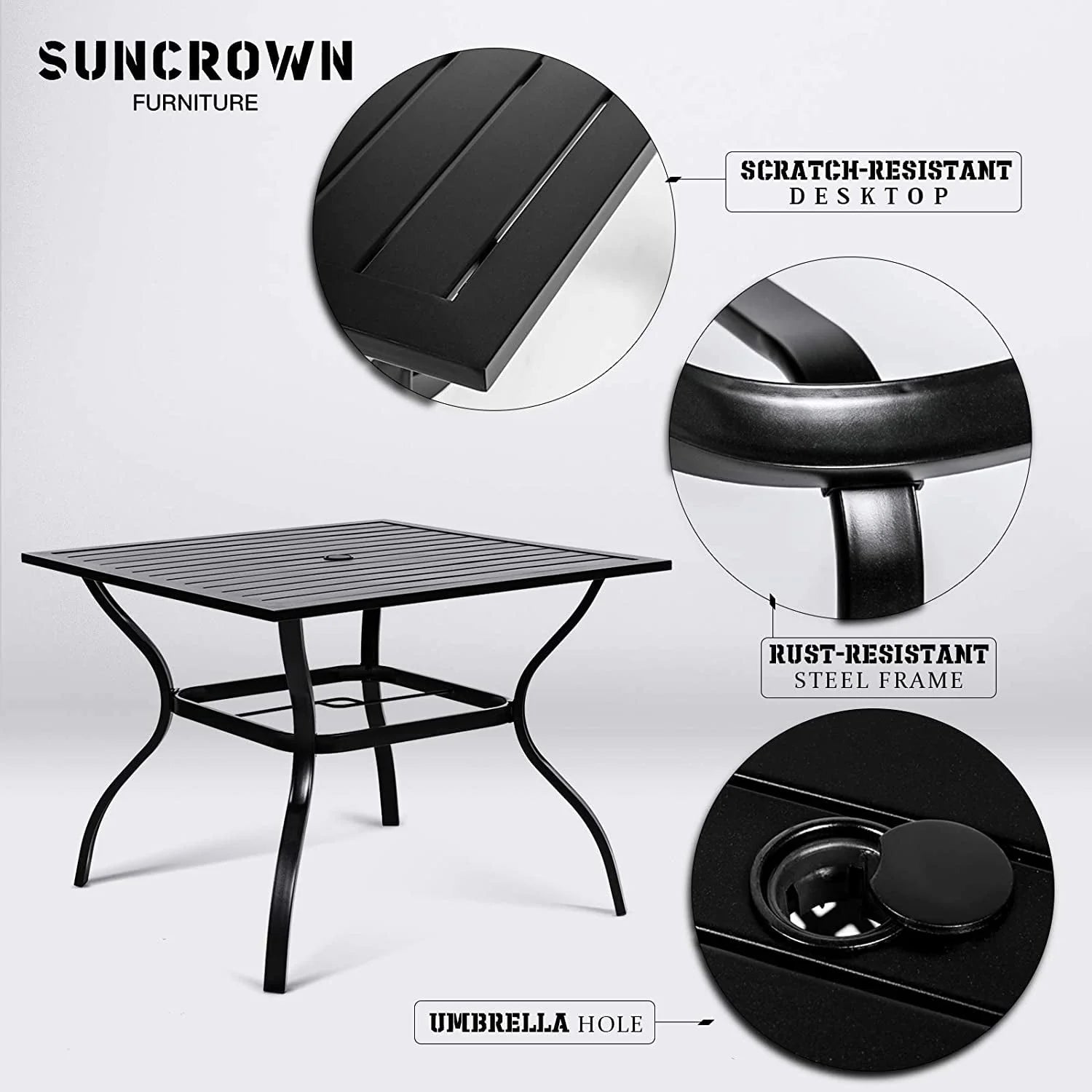 SUNCROWN 37" 4 Seat Outdoor Dining Table Patio Metal Square Bistro Balcony Table with 1.57" Umbrella Hole, Black