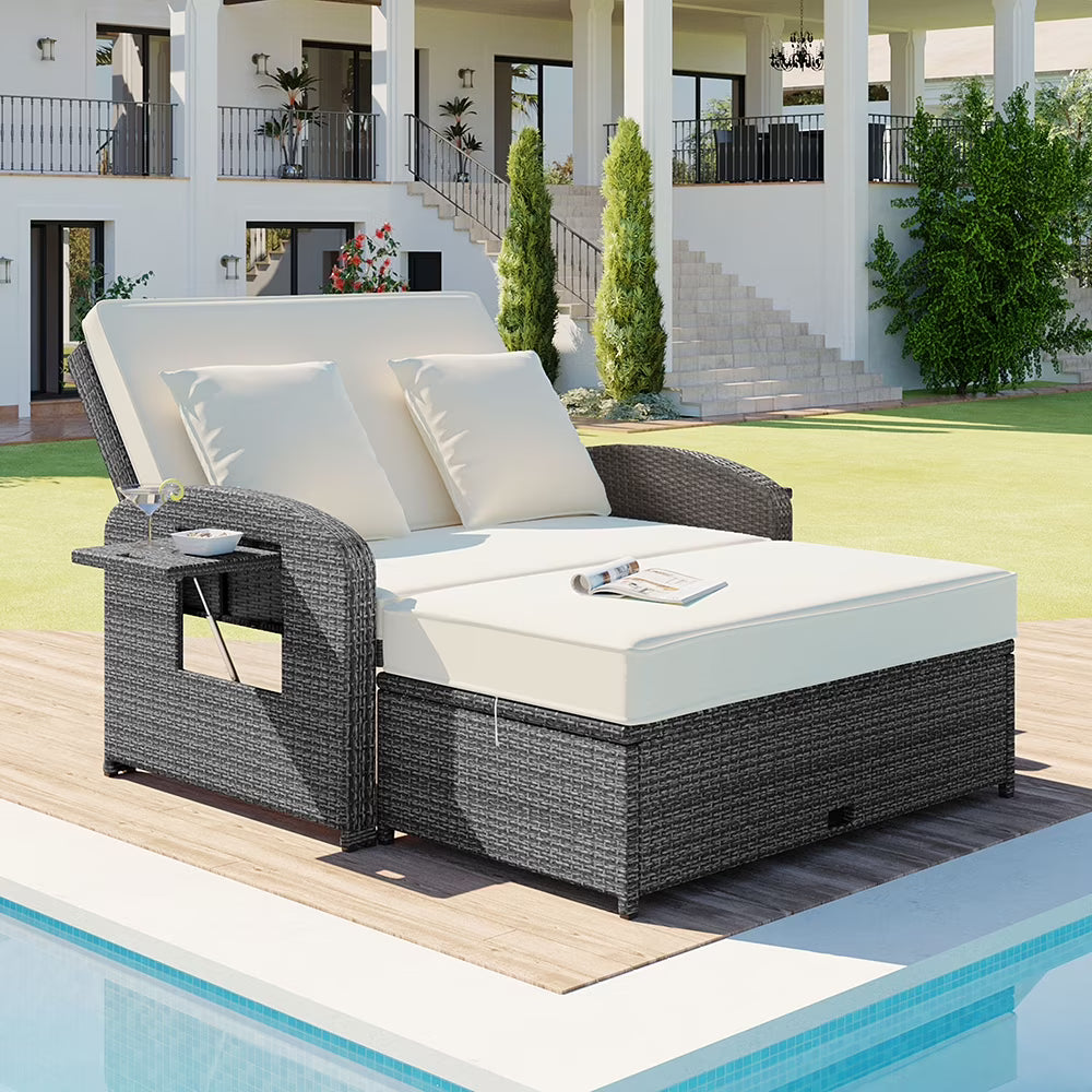 Harper & Bright Designs Rattan Outdoor Double Lounge Chaise 2-Person PE Wicker Outdoor Patio Sunbed with Canopy Cover for Backyard Garden Balcony, Beige+Black