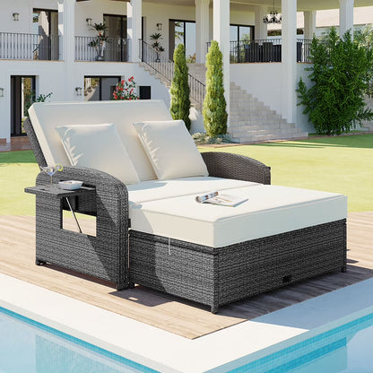Harper & Bright Designs Rattan Outdoor Double Lounge Chaise 2-Person PE Wicker Outdoor Patio Sunbed with Canopy Cover for Backyard Garden Balcony, Beige+Black