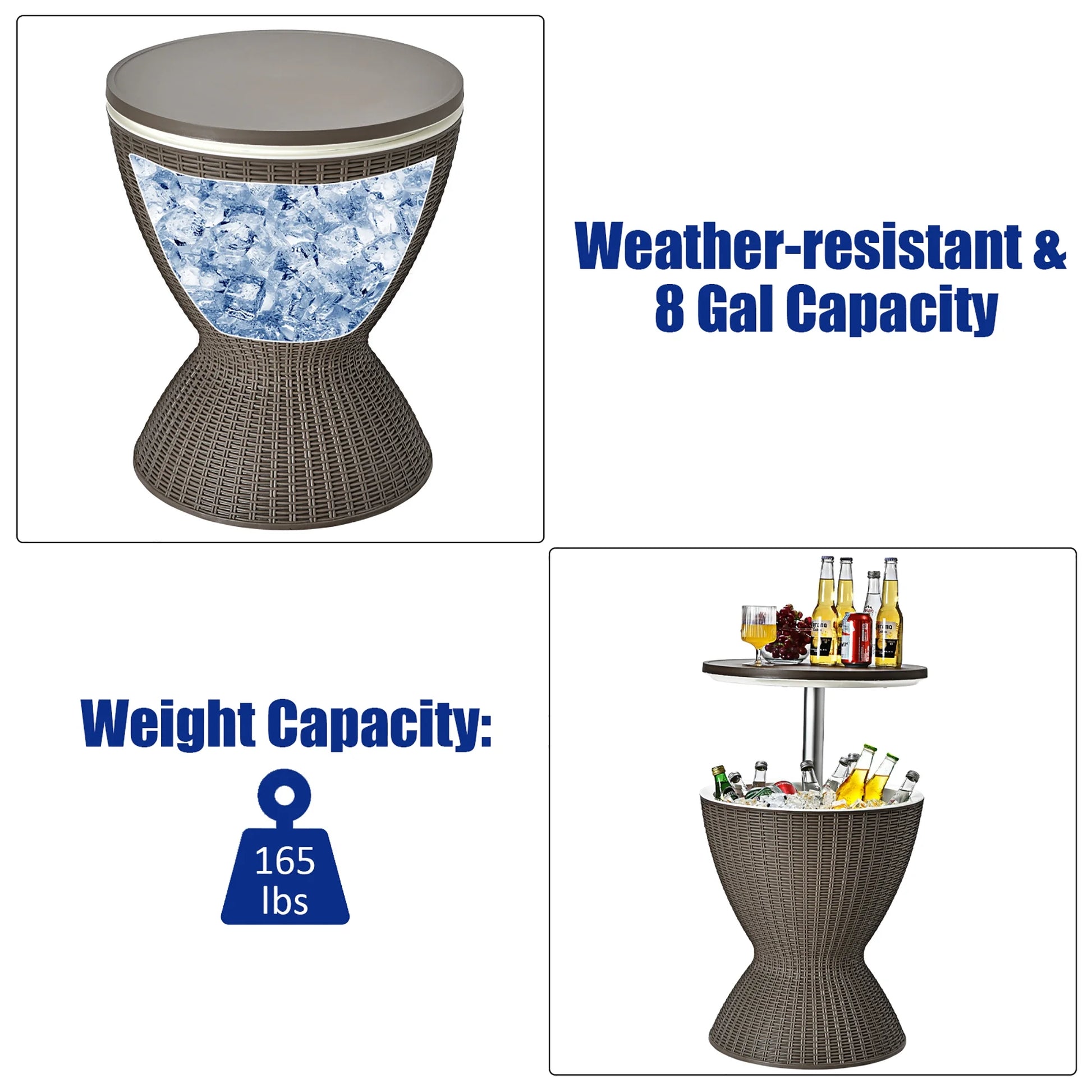 Costway 8 Gallon 3 in 1 Patio Rattan Cooler Bar Table Adjust Ice Bucket Brown