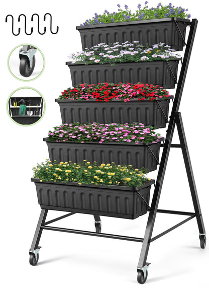 VIBESPARK 4Ft Planter Box 5-Tiers Vertical Raised Garden Bed with Drain for Patio Vegetables, Flowers Herb, 26" x 22.75" x 44.75"