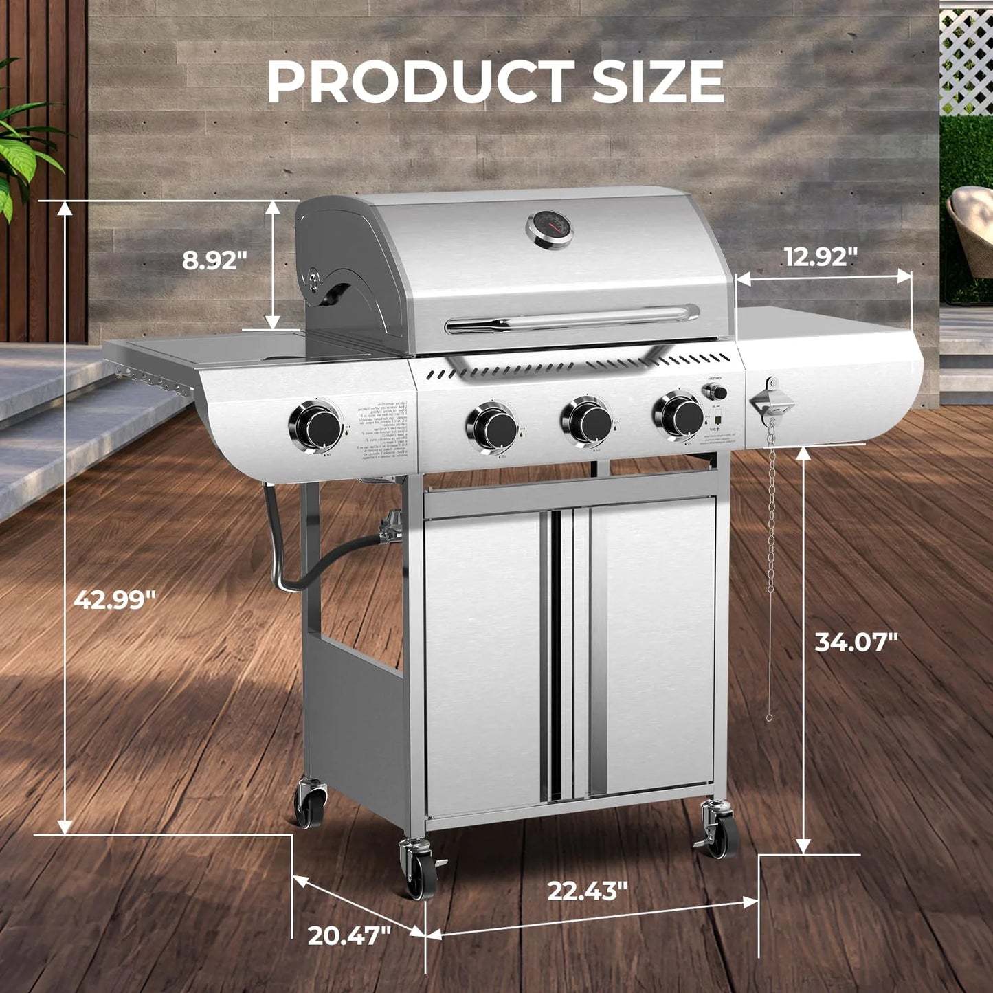 LHRIVER Stainless Steel BBQ Grill, 3 Burner Propane Gas Grill with Side Burner for Outdoor Cooking Patio Backyard