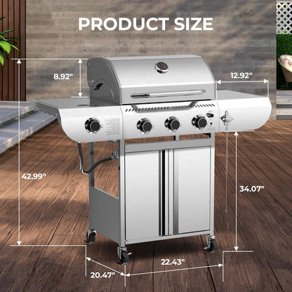 LHRIVER Stainless Steel BBQ Grill, 3 Burner Propane Gas Grill with Side Burner for Outdoor Cooking Patio Backyard