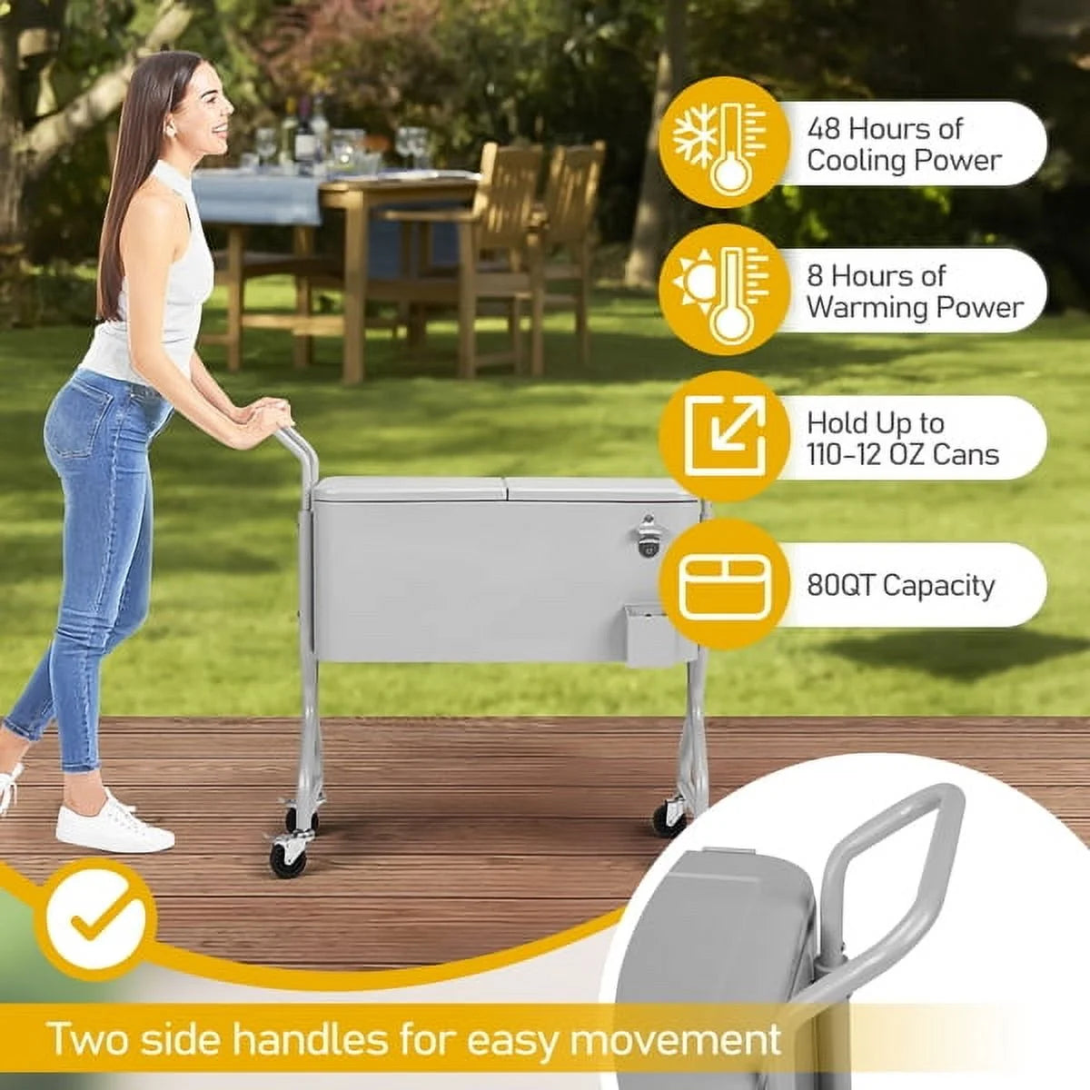80-quart outdoor beverage rolling cooler, convenient design, easy to clean, with internal insulation function, with wheels for easy mobility, suitable for backyards and patios