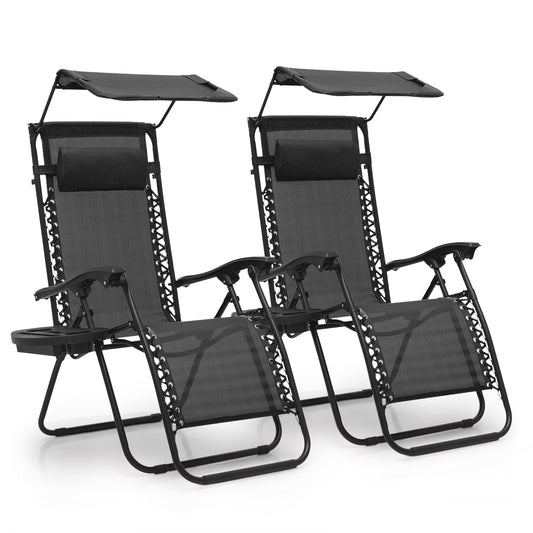 MoNiBloom Zero Gravity Chairs Set of 2, Folding Outdoor Patio Beach Recliner with Canopy Shade & Headrest, Black