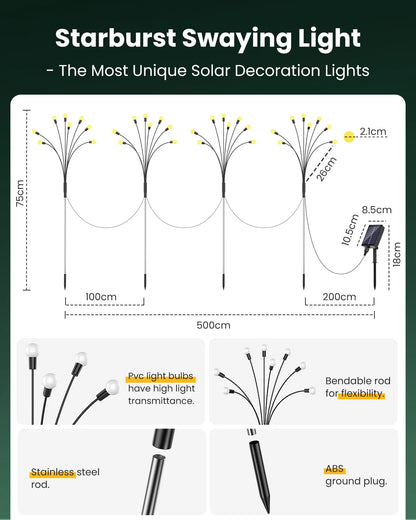Ambicasa Solar Garden Lights, 8 LED Waterproof Solar Garden Decorative Lights, 8 Scene Modes & 3 Timer for Patio Pathway Yard Walkway, Warm White (4 Pack)
