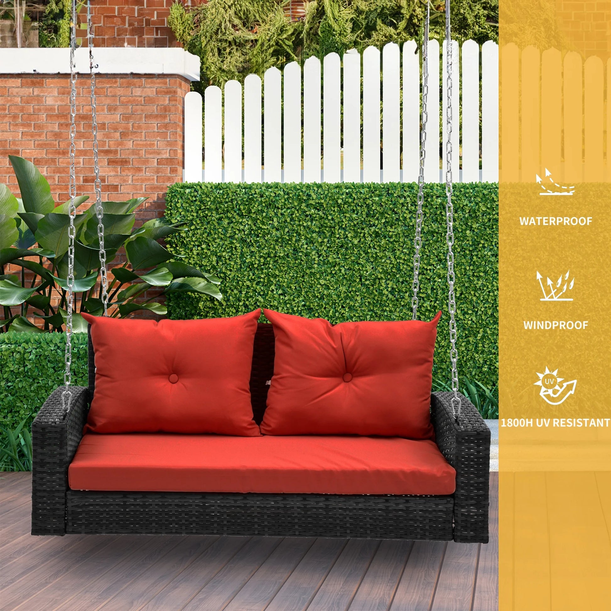 Dextrus 2-Seats Wicker Hanging Porch Swing Chair Outdoor Black Rattan Patio Swing Lounge w/2 Back Cushions Capacity 770lbs for Garden, Balcony, Living Room, Red
