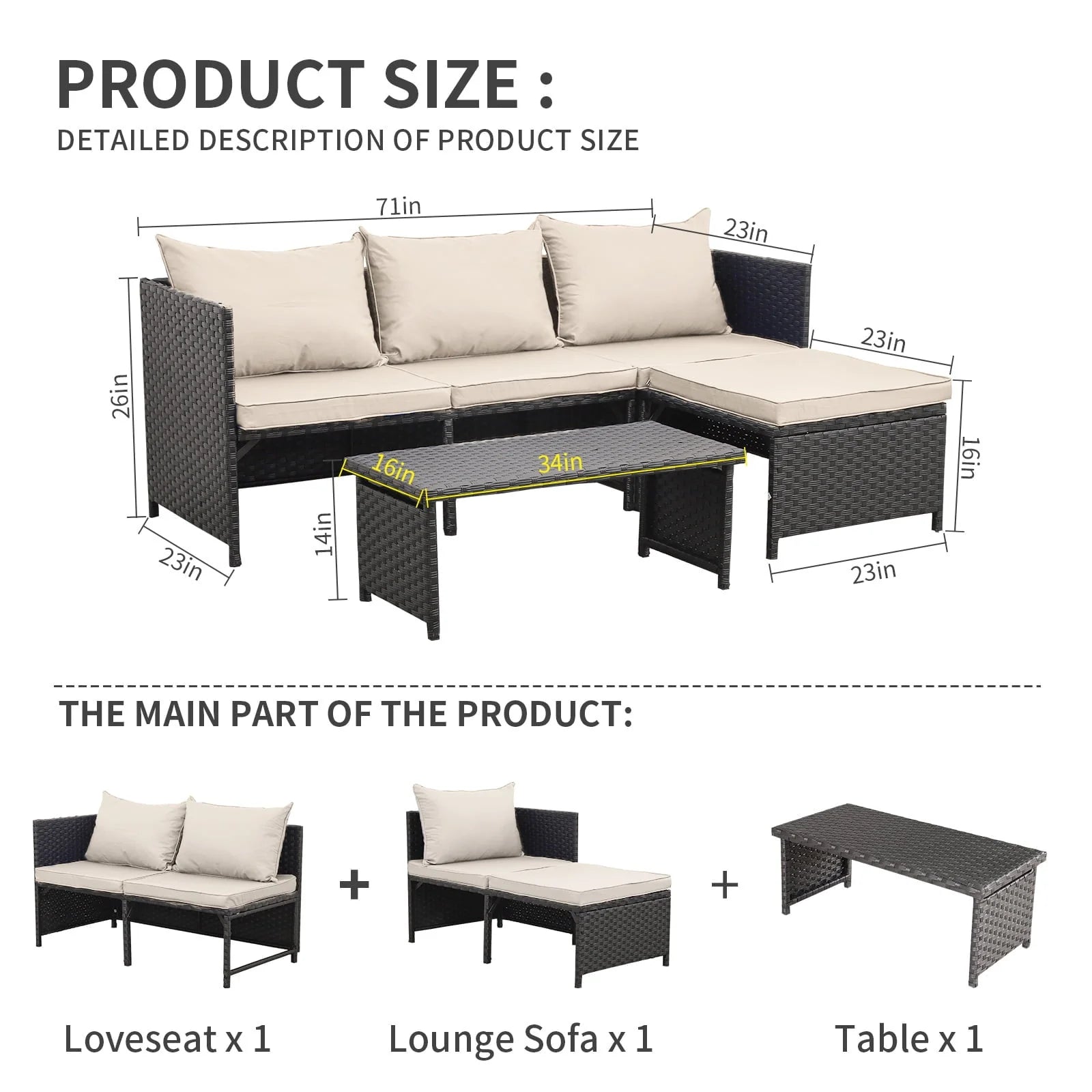 Waroom 3 Pieces Patio Conversation Sets Outdoor Wicker Furniture with Coffee Table,Khaki, Powder Coated Steel