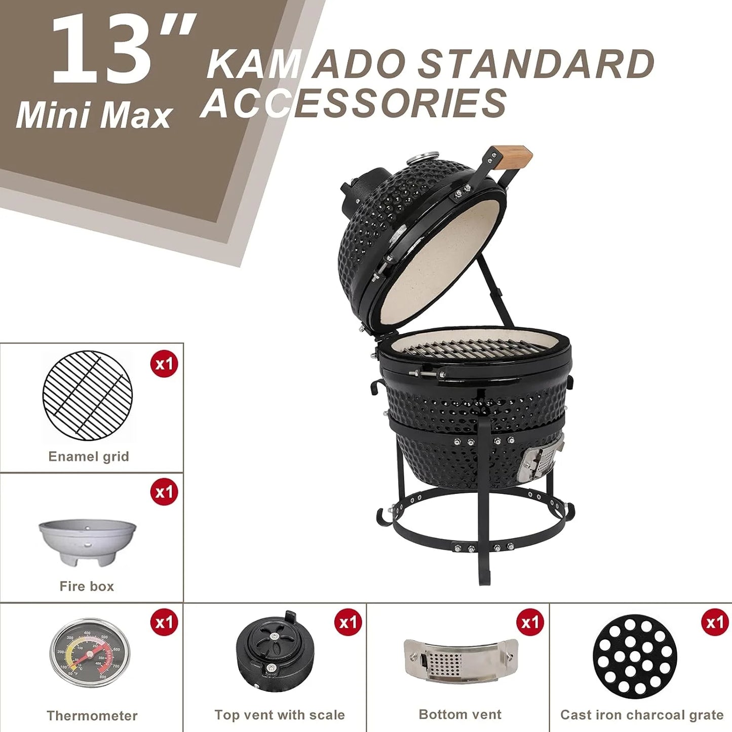 VINGLI 13" Kamado Charcoal Grill Portable Barbecue Grill BBQ Kettle Stand Lid Perfect for Outdoor Camping Patio Backyard Picnic