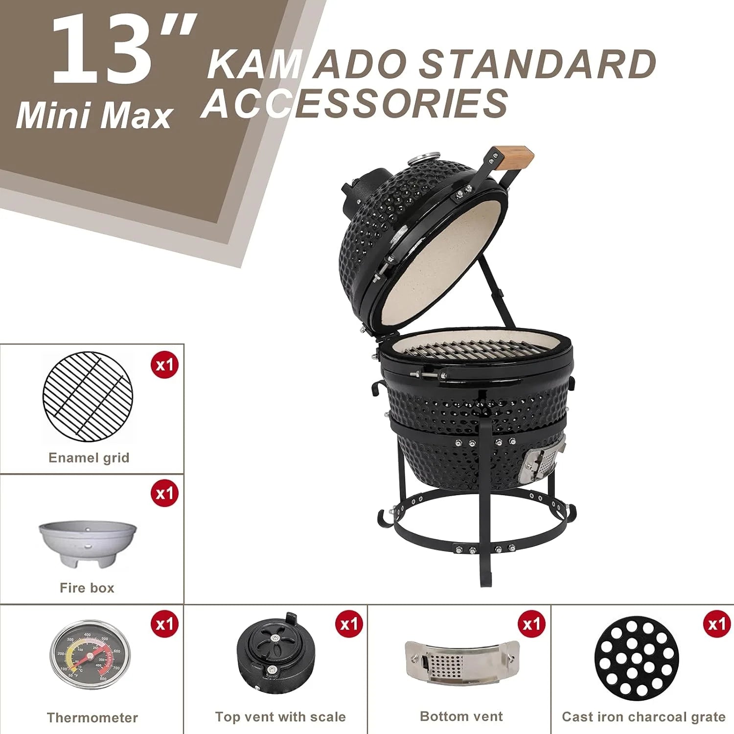 VINGLI 13" Kamado Charcoal Grill Portable Barbecue Grill BBQ Kettle Stand Lid Perfect for Outdoor Camping Patio Backyard Picnic