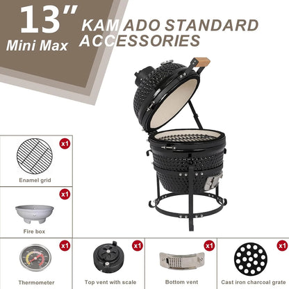 VINGLI 13" Kamado Charcoal Grill Portable Barbecue Grill BBQ Kettle Stand Lid Perfect for Outdoor Camping Patio Backyard Picnic