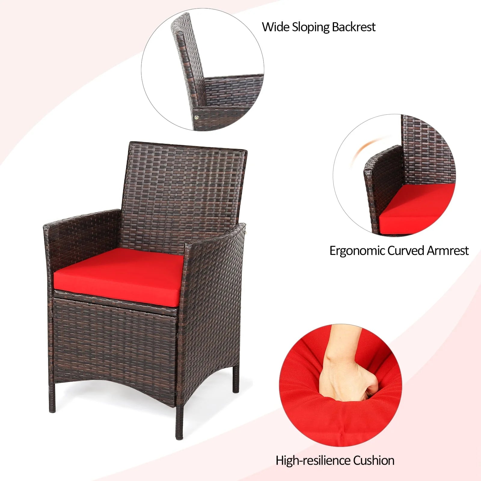 Patiojoy 3 Pieces Patio Rattan Conversation Furniture Wicker Chairs with Coffee Table & Cushions Red